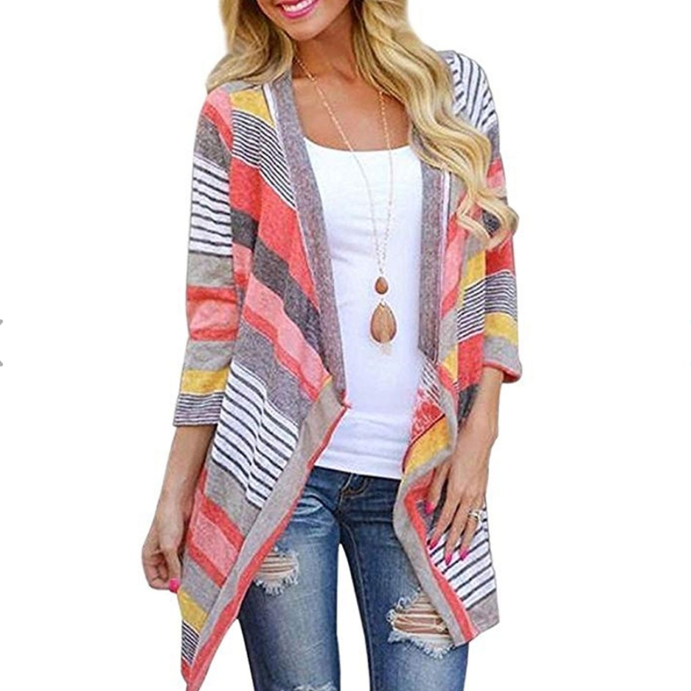 Flyaway Cardigan Asym Cascading Waterfall Hem Striped Red Brown Lightweight S